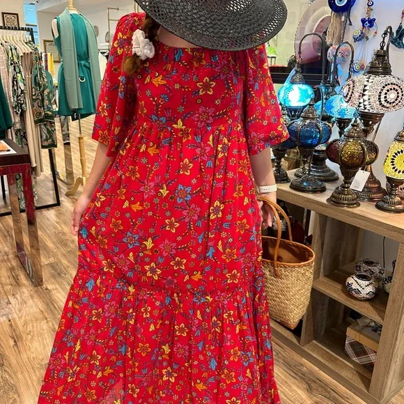 Cicek maxi red cotton dress, %100 cotton, cotton lined,
